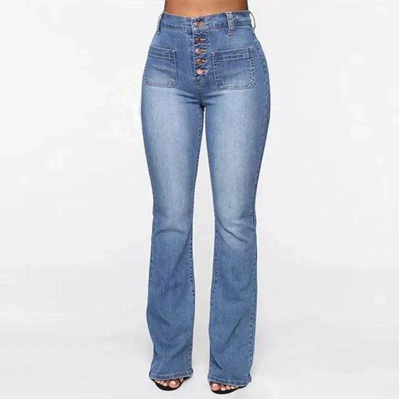 Plus Size High Waist Denim Trousers for Women | Patch Pocket Washed Jeans
