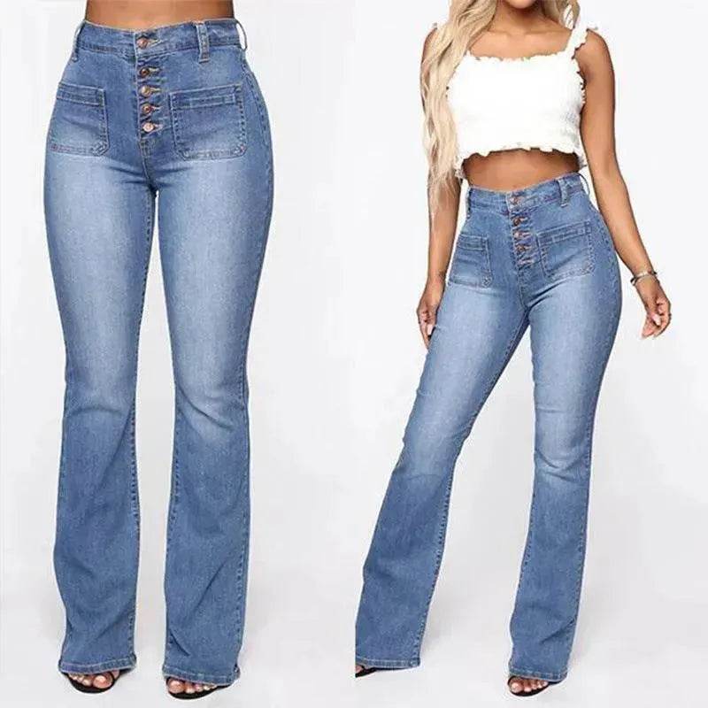 Plus Size High Waist Denim Trousers for Women | Patch Pocket Washed Jeans