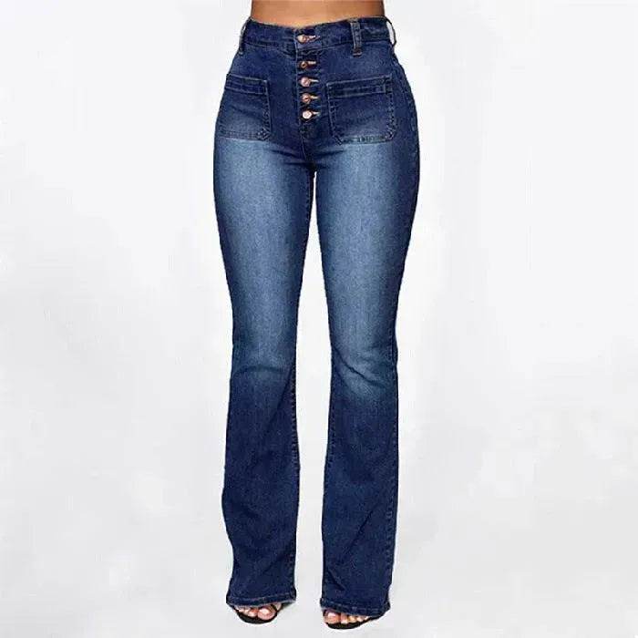 Plus Size High Waist Denim Trousers for Women | Patch Pocket Washed Jeans