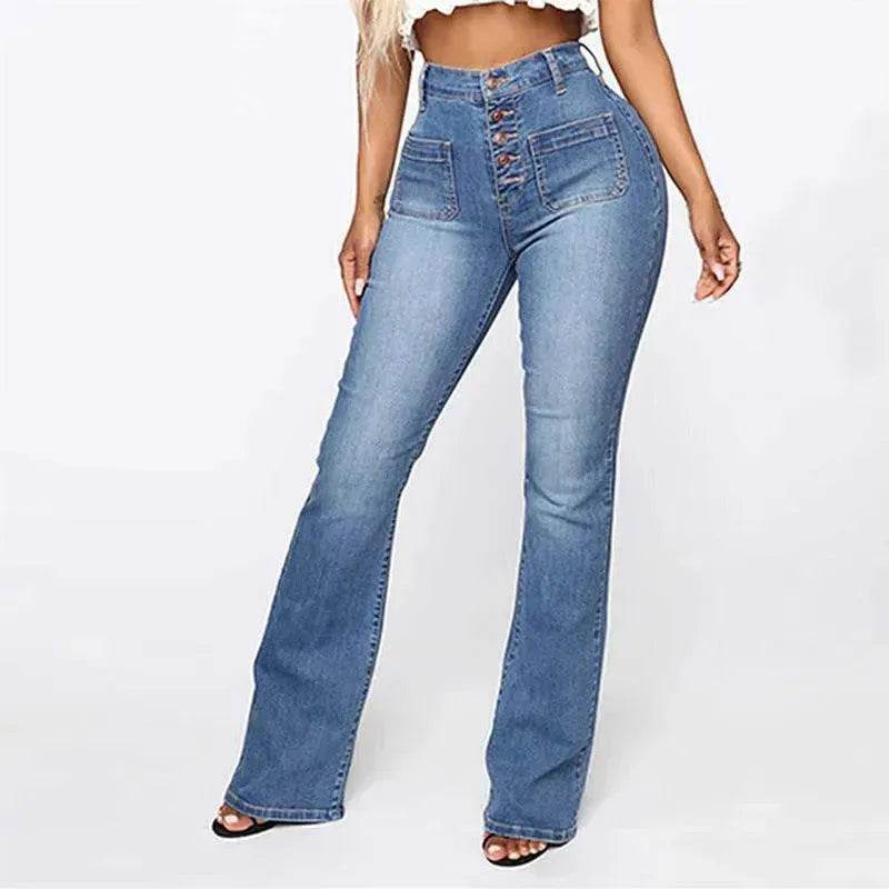 Plus Size High Waist Denim Trousers for Women | Patch Pocket Washed Jeans