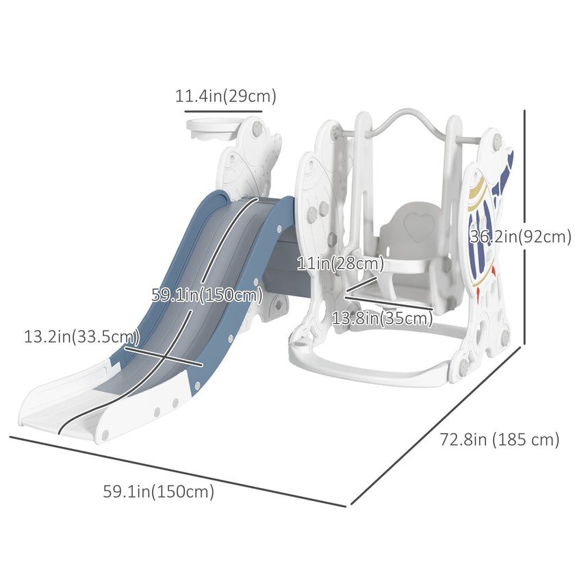 Qaba Galactic Playtime: 3 in 1 Toddler Swing Slide Set with Basketball Hoop, Indoor Playground Space Theme, White Blue Finish
