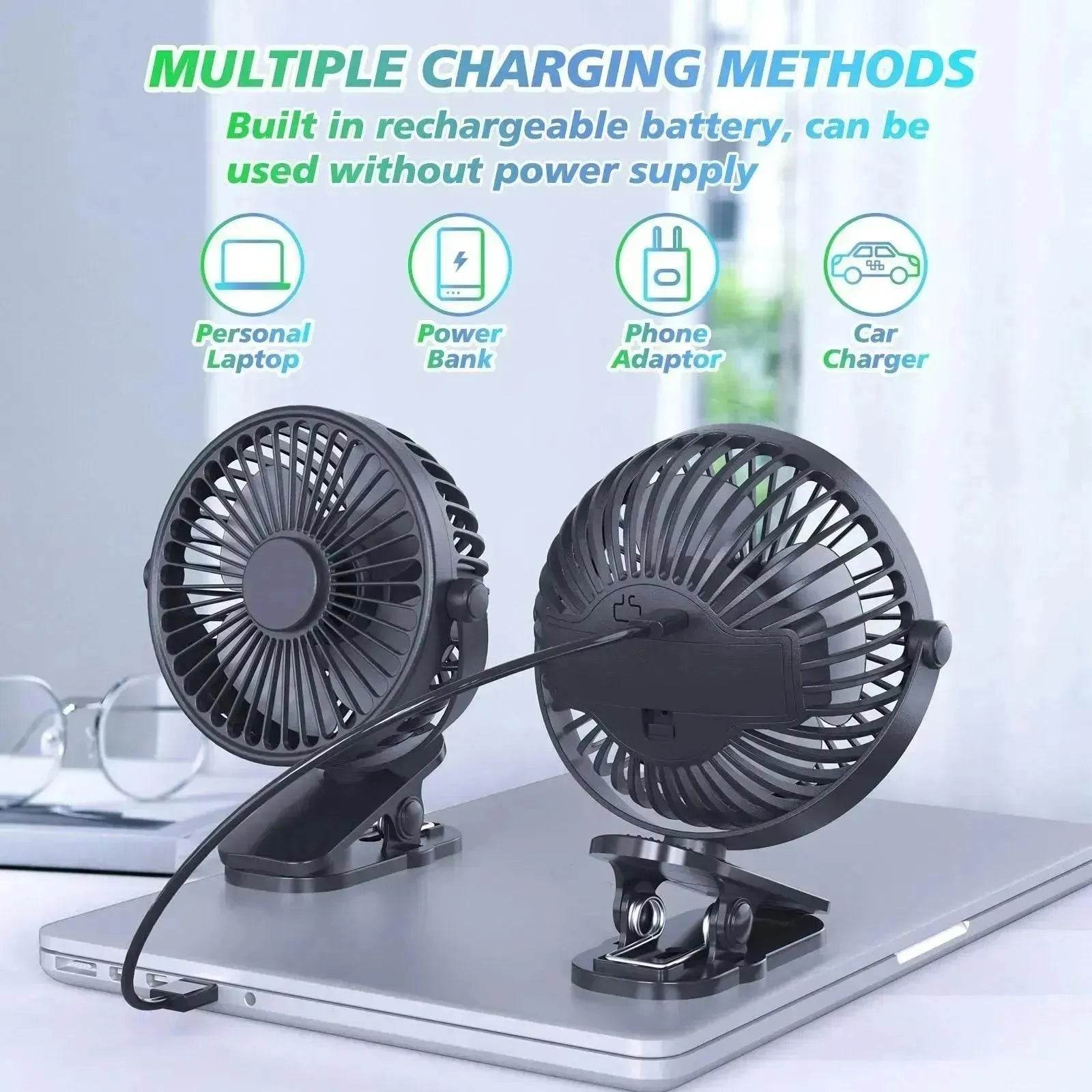 Portable Clip-On Fan, USB Rechargeable Mini Desk Fan with 3 Speeds, 360° Rotation, Quiet Cooling Fan for Home, Office, Travel and Outdoor