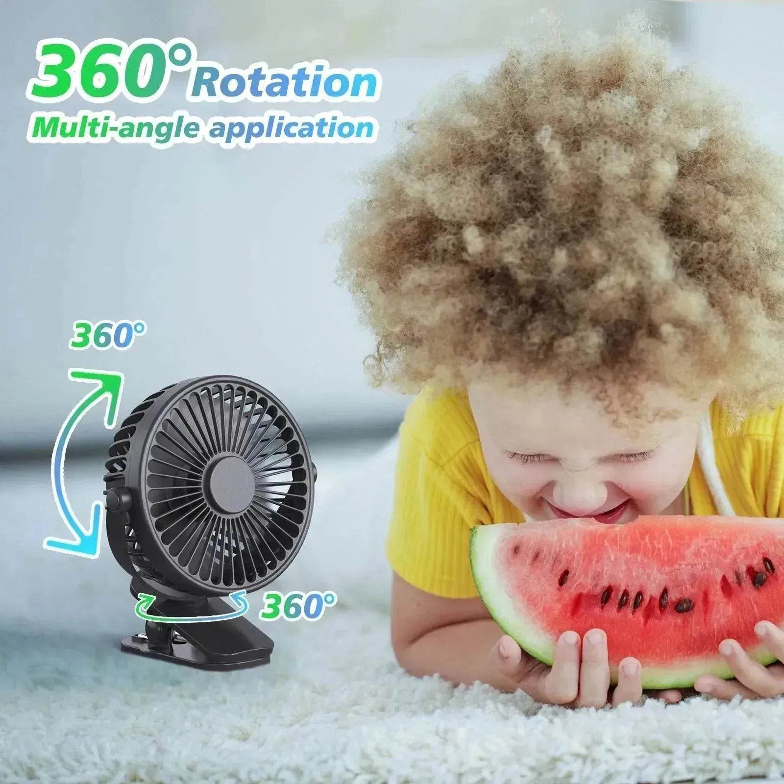 Portable Clip-On Fan, USB Rechargeable Mini Desk Fan with 3 Speeds, 360° Rotation, Quiet Cooling Fan for Home, Office, Travel and Outdoor
