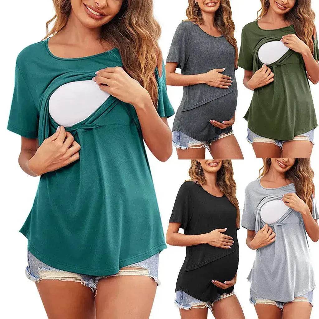 Solid Color Round Neck Short Sleeves.