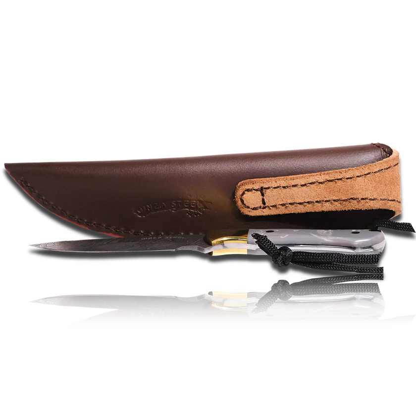 Couteau de boucher en acier damassé Kaito original, lame de 4 pouces avec étui en cuir de première qualité.