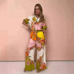 Women's Printed Cotton Linen Two-Piece Suit, Casual Top and Wide-Leg Pants Set, S to XL