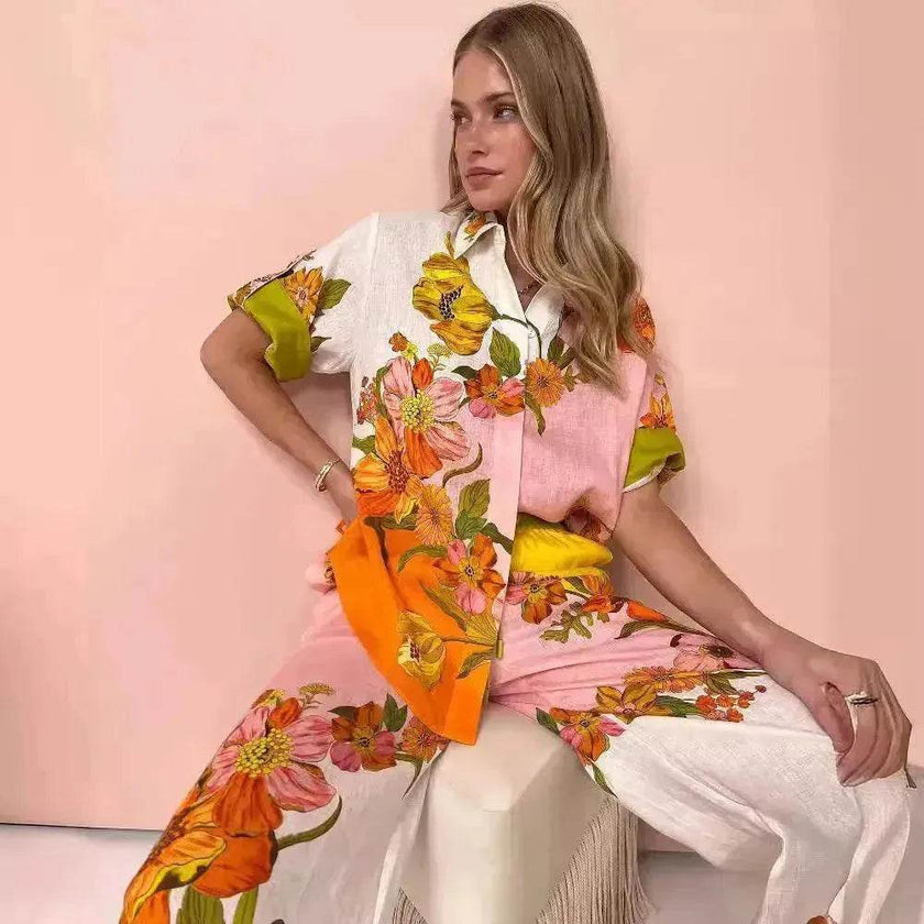 Women's Printed Cotton Linen Two-Piece Suit, Casual Top and Wide-Leg Pants Set, S to XL