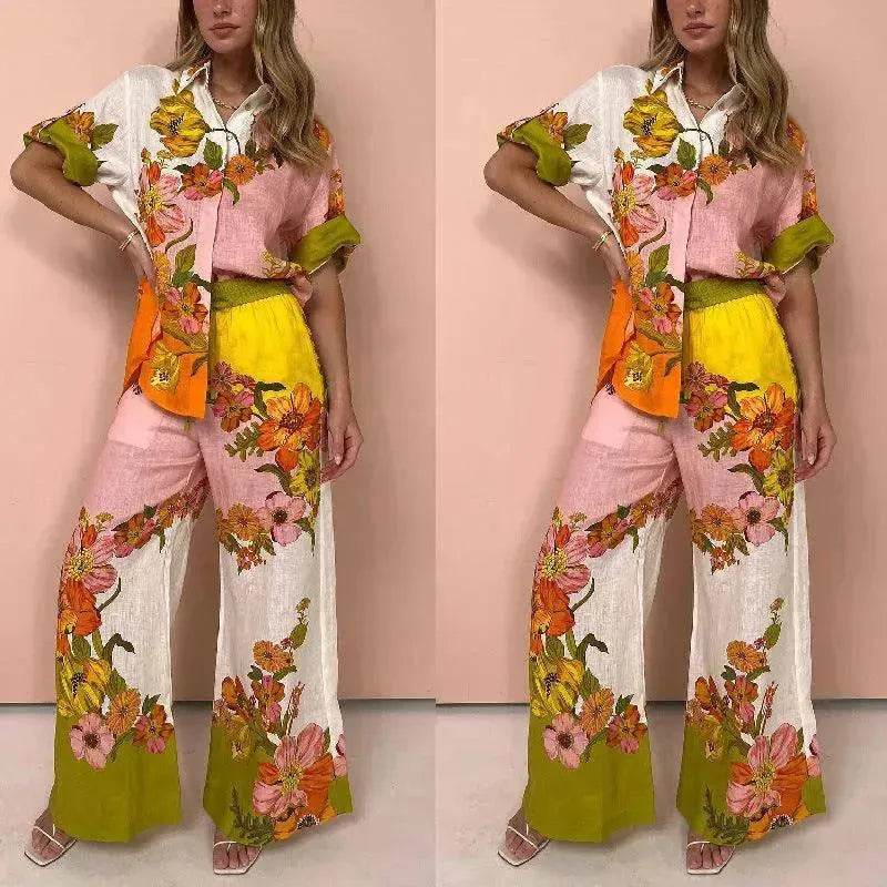 Women's Printed Cotton Linen Two-Piece Suit, Casual Top and Wide-Leg Pants Set, S to XL