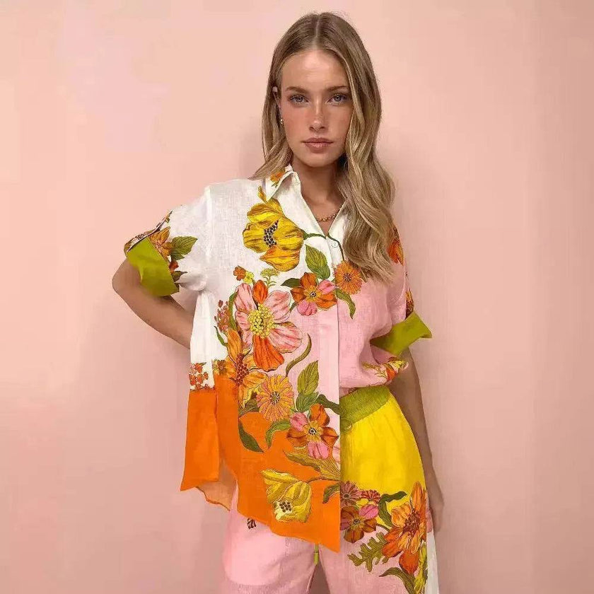 Women's Printed Cotton Linen Two-Piece Suit, Casual Top and Wide-Leg Pants Set, S to XL