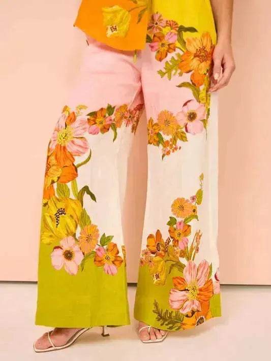 Women's Printed Cotton Linen Two-Piece Suit, Casual Top and Wide-Leg Pants Set, S to XL