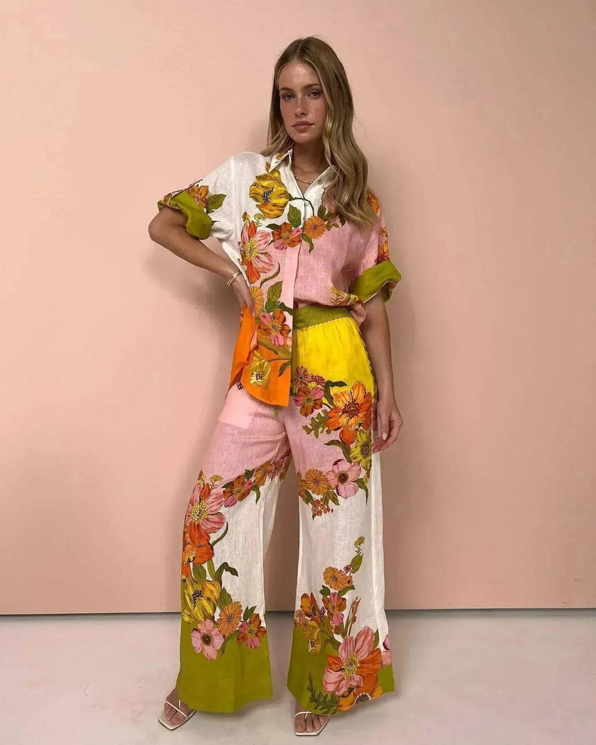 Women's Printed Cotton Linen Two-Piece Suit, Casual Top and Wide-Leg Pants Set, S to XL