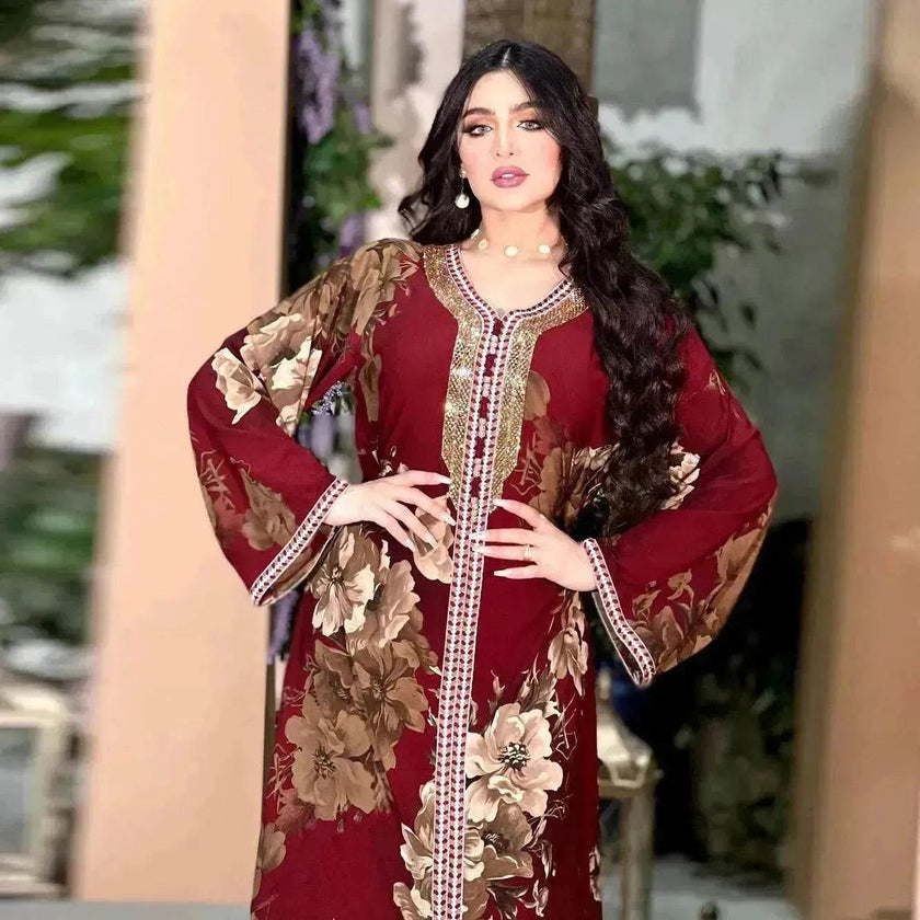 Printed Embroidered Elegant Arab Dubai Turkey Middle Eastern Sophisticated Women Abaya Dress Robe