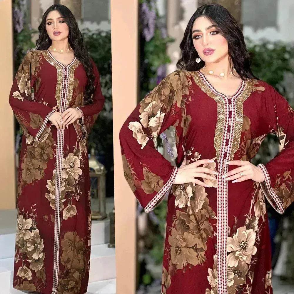Printed Embroidered Elegant Arab Dubai Turkey Middle Eastern Sophisticated Women Abaya Dress Robe