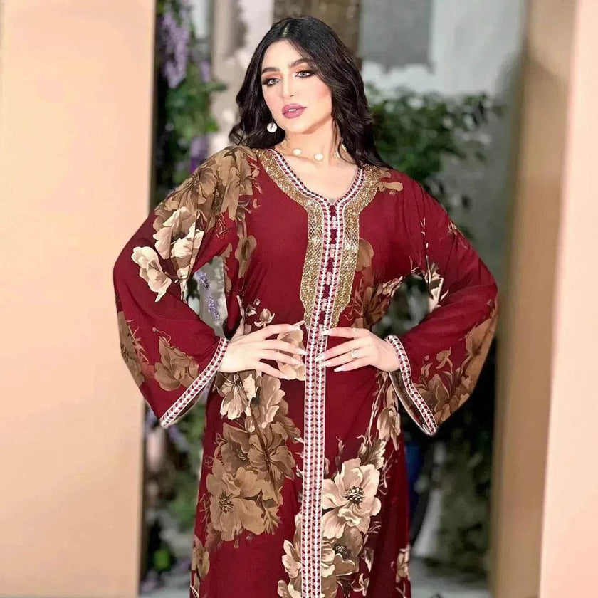 Printed Embroidered Elegant Arab Dubai Turkey Middle Eastern Sophisticated Women Abaya Dress Robe