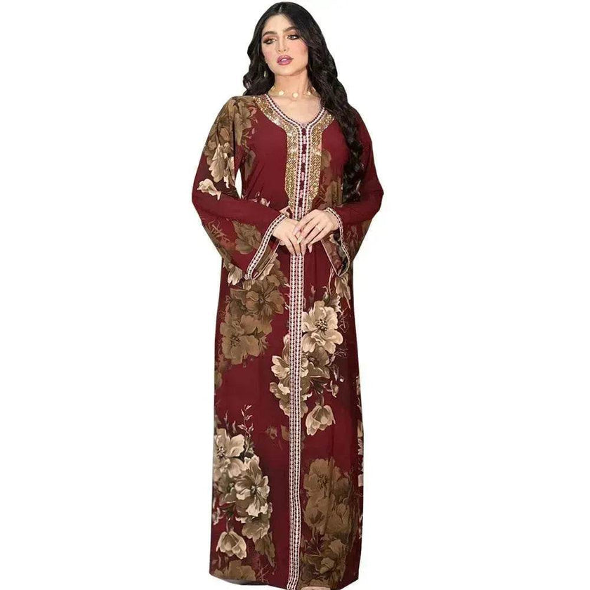 Printed Embroidered Elegant Arab Dubai Turkey Middle Eastern Sophisticated Women Abaya Dress Robe
