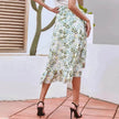 Printed Lace Up Split Expansion Midi  Floral Skirt With Lining