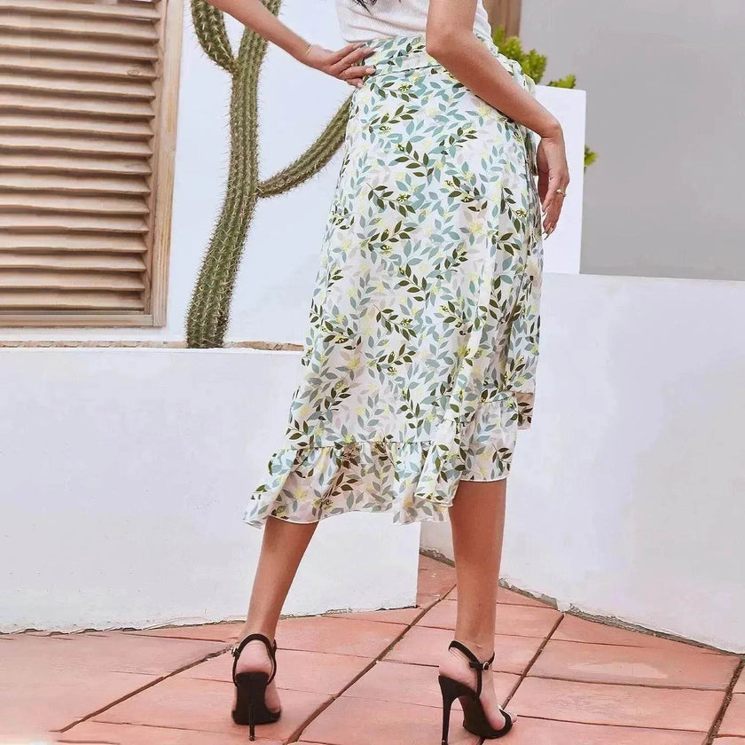 Printed Lace Up Split Expansion Midi  Floral Skirt With Lining