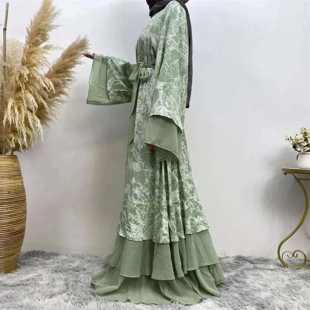 Printed Panel Top Robe Abaya Dress for Arab Dubai Turkey Middle East Women