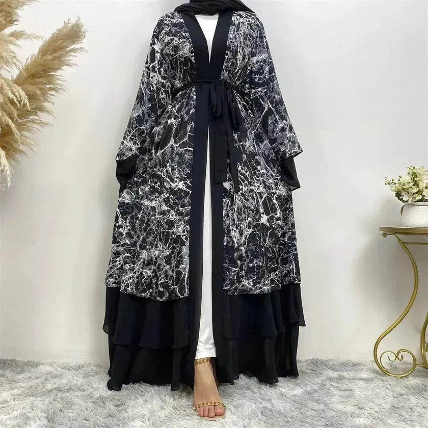 Printed Panel Top Robe Abaya Dress for Arab Dubai Turkey Middle East Women