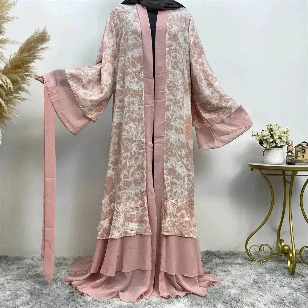 Printed Panel Top Robe Abaya Dress for Arab Dubai Turkey Middle East Women