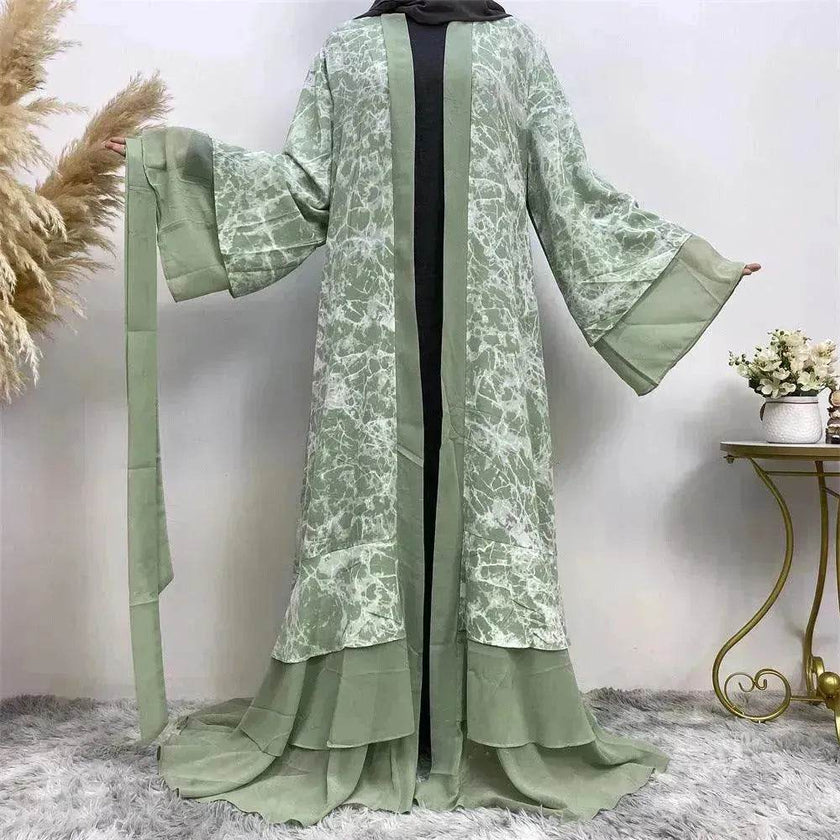 Printed Panel Top Robe Abaya Dress for Arab Dubai Turkey Middle East Women