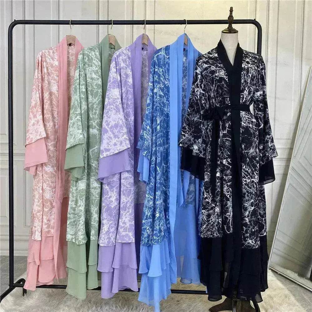 Printed Panel Top Robe Abaya Dress for Arab Dubai Turkey Middle East Women