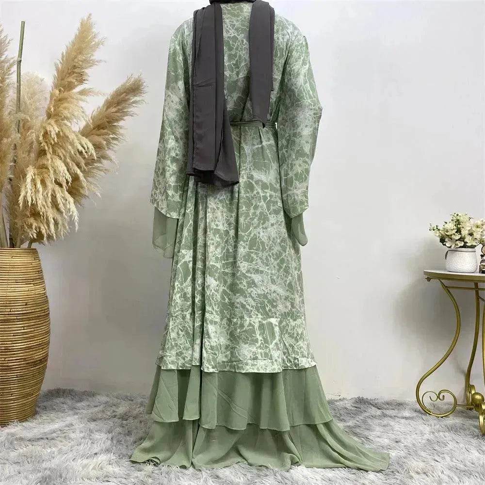 Printed Panel Top Robe Abaya Dress for Arab Dubai Turkey Middle East Women