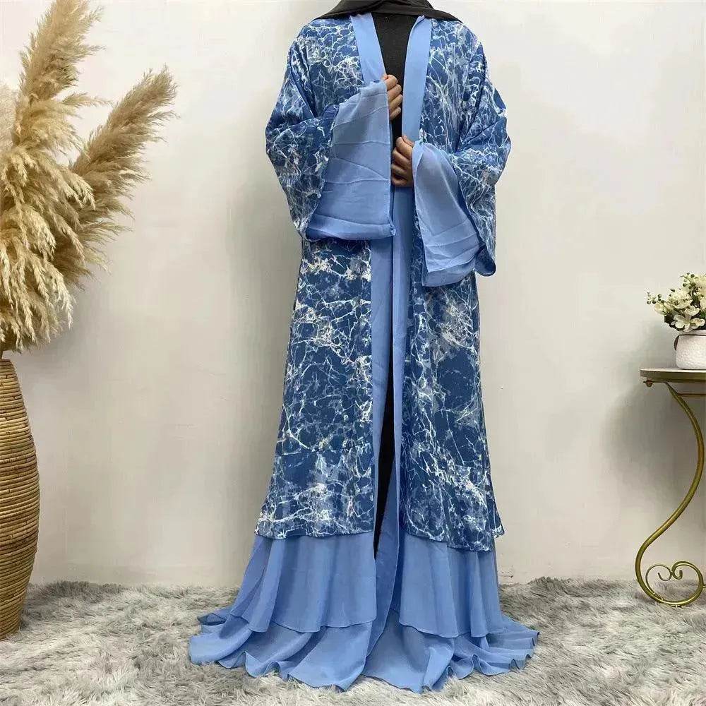 Printed Panel Top Robe Abaya Dress for Arab Dubai Turkey Middle East Women