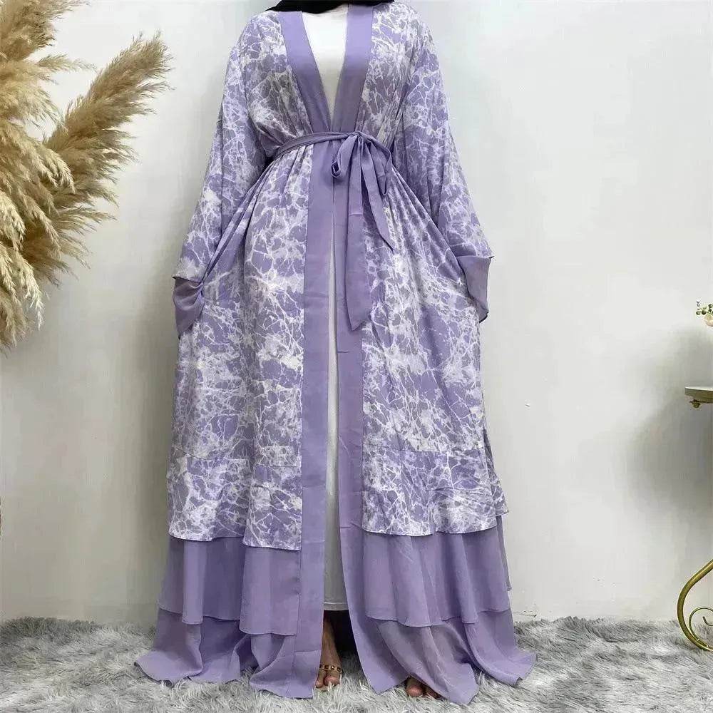 Printed Panel Top Robe Abaya Dress for Arab Dubai Turkey Middle East Women