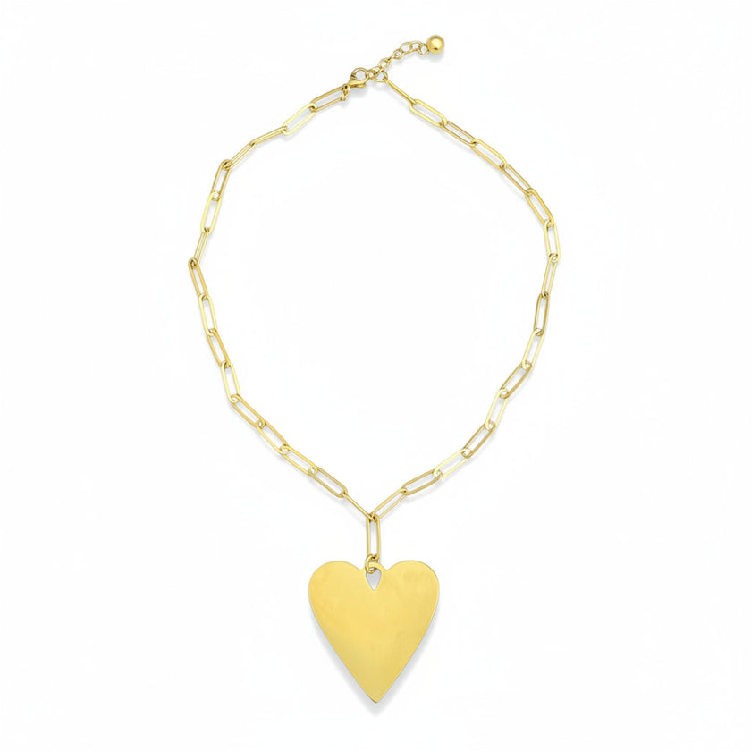Short Chainlink Heart Pendant Necklace - Gold Stainless Steel
