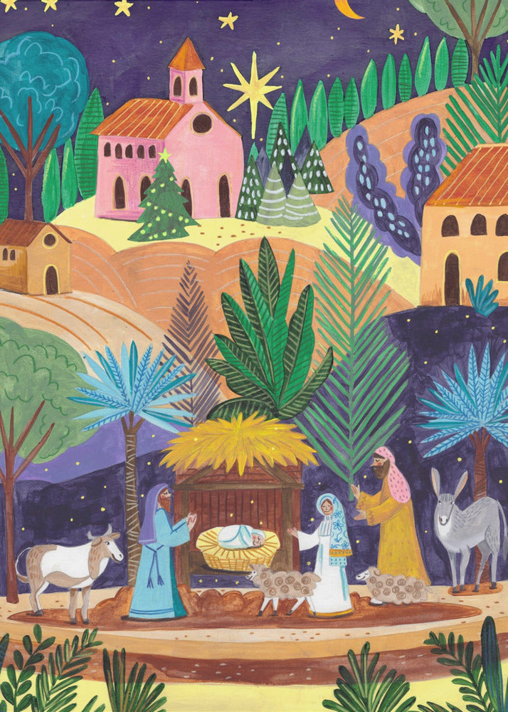 Impression sur toile d'art mural : Scène de la Nativité, nuit étoilée
