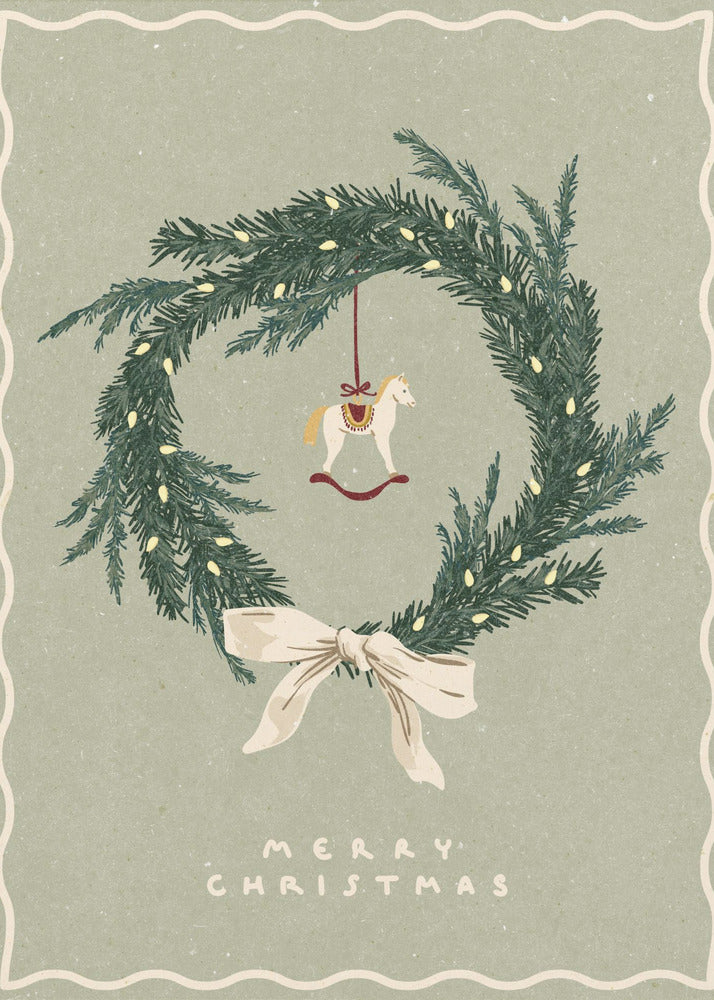 Impression sur toile : décoration murale, jouet en forme de cheval sur une couronne de Noël avec nœud.