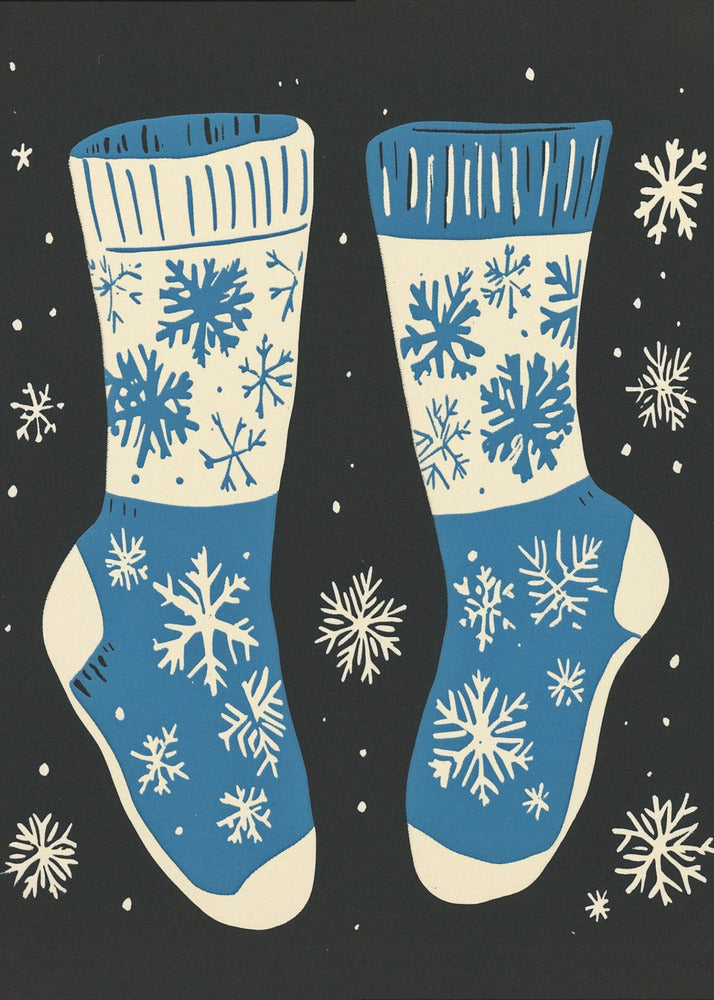 Impression sur toile de chaussettes vintage en tricot bleu sur fond noir.