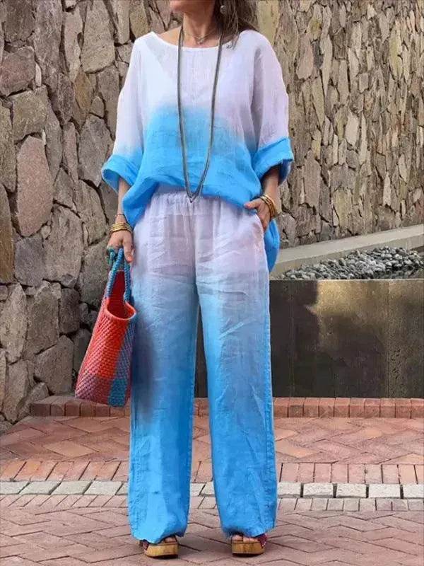 Women's Cotton Linen Gradient Two-Piece Set – Casual Summer Outfit (S–5XL, 11 Colors)