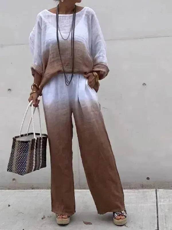 Women's Cotton Linen Gradient Two-Piece Set – Casual Summer Outfit (S–5XL, 11 Colors)