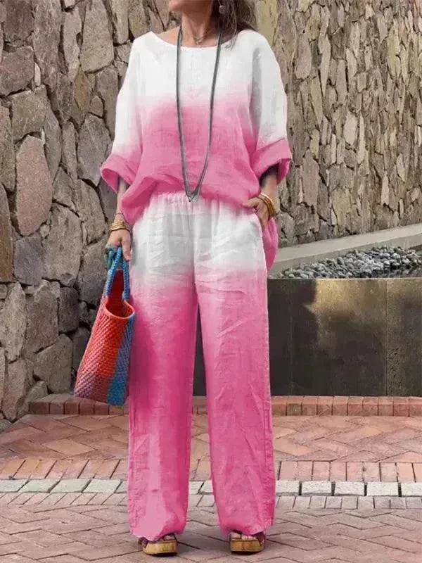 Women's Cotton Linen Gradient Two-Piece Set – Casual Summer Outfit (S–5XL, 11 Colors)