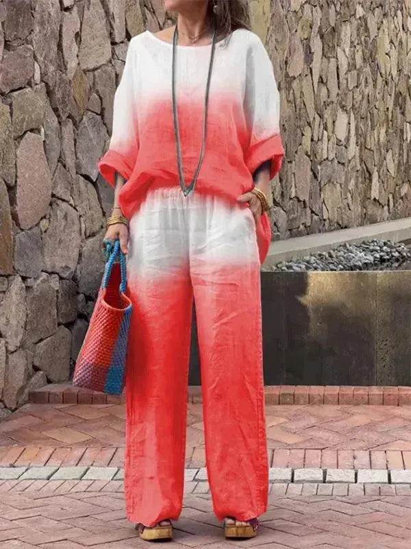 Women's Cotton Linen Gradient Two-Piece Set – Casual Summer Outfit (S–5XL, 11 Colors)