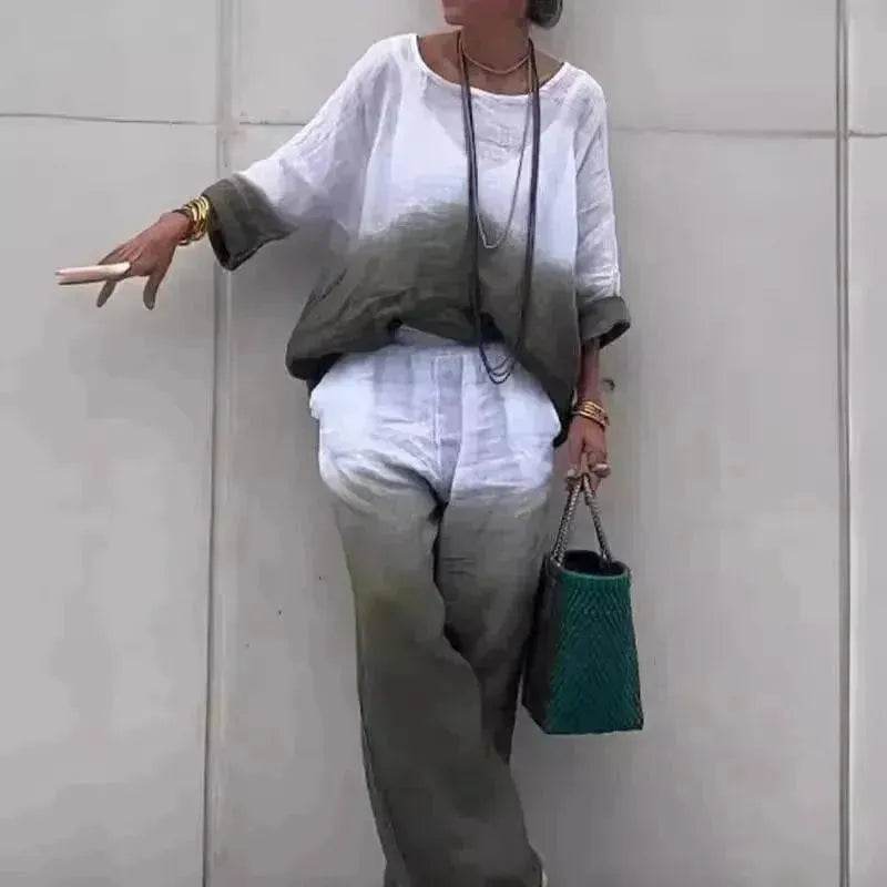 Women's Cotton Linen Gradient Two-Piece Set – Casual Summer Outfit (S–5XL, 11 Colors)