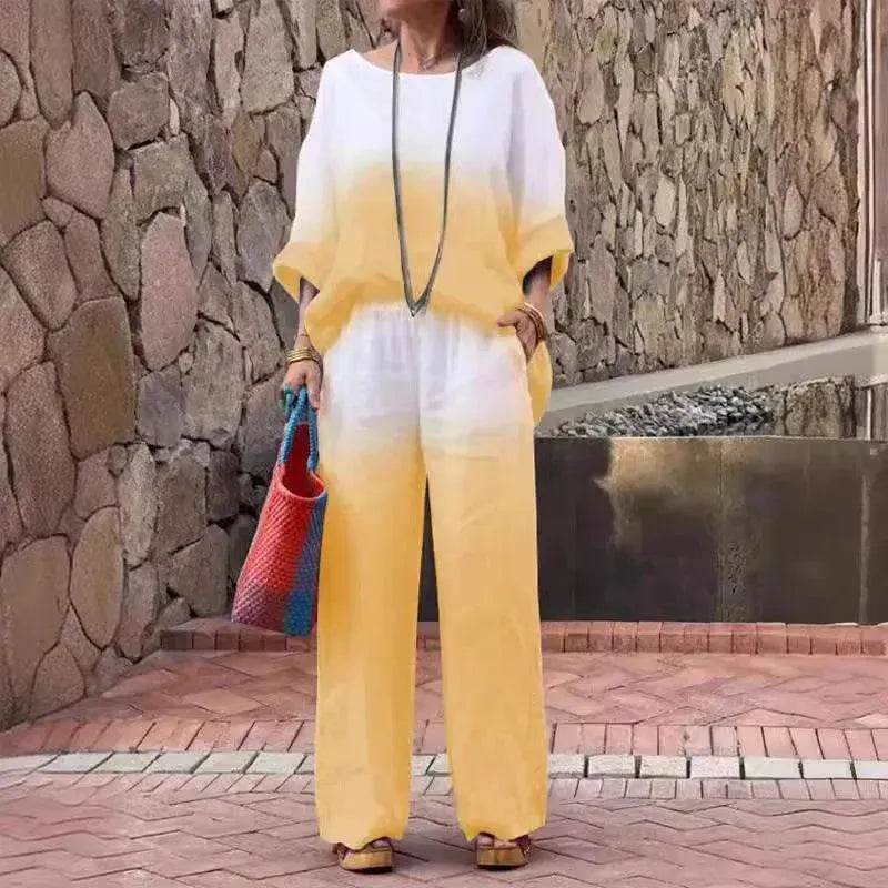 Women's Cotton Linen Gradient Two-Piece Set – Casual Summer Outfit (S–5XL, 11 Colors)