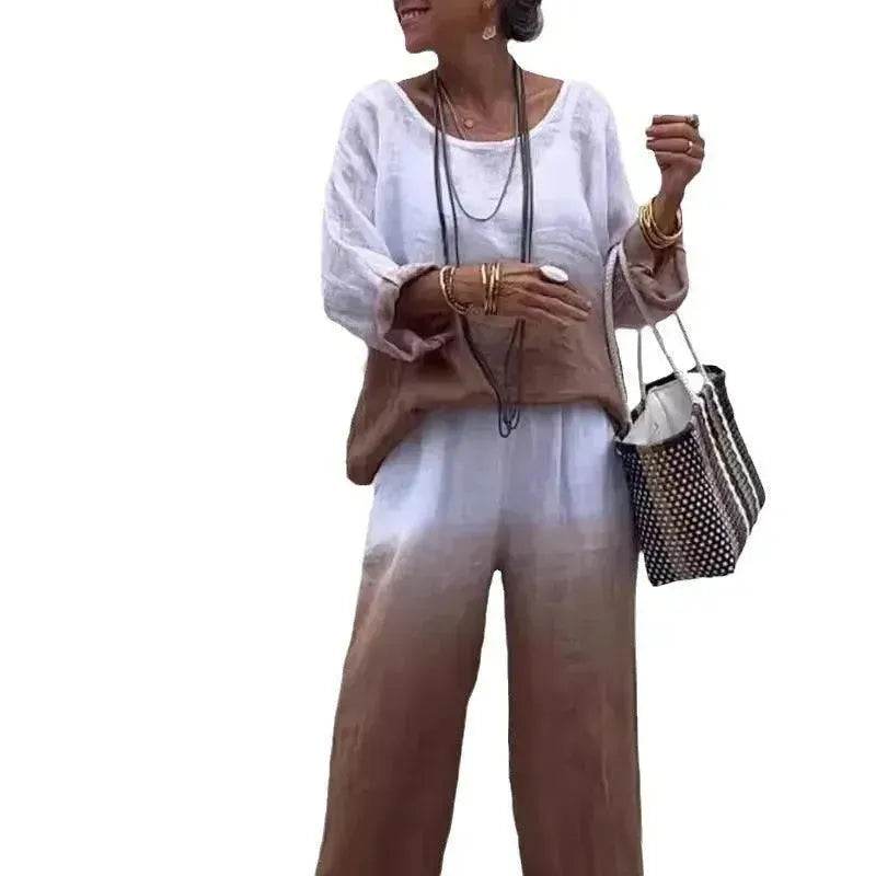 Women's Cotton Linen Gradient Two-Piece Set – Casual Summer Outfit (S–5XL, 11 Colors)