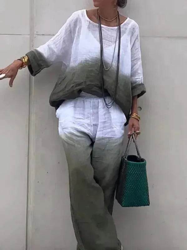 Women's Cotton Linen Gradient Two-Piece Set – Casual Summer Outfit (S–5XL, 11 Colors)