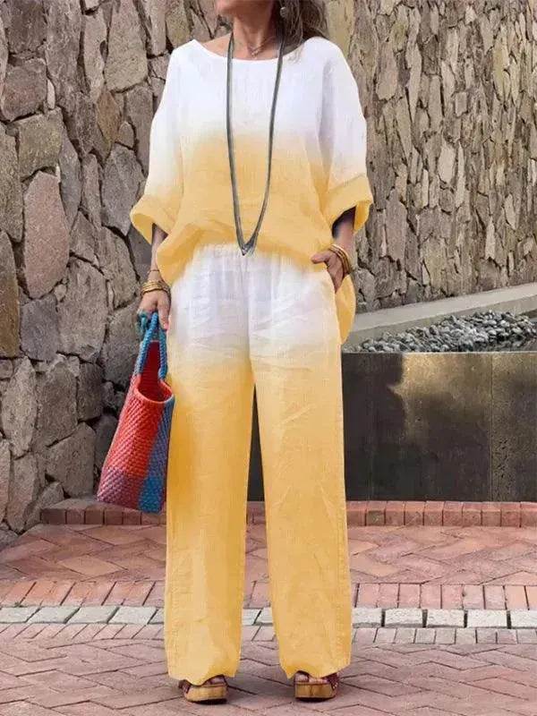 Women's Cotton Linen Gradient Two-Piece Set – Casual Summer Outfit (S–5XL, 11 Colors)