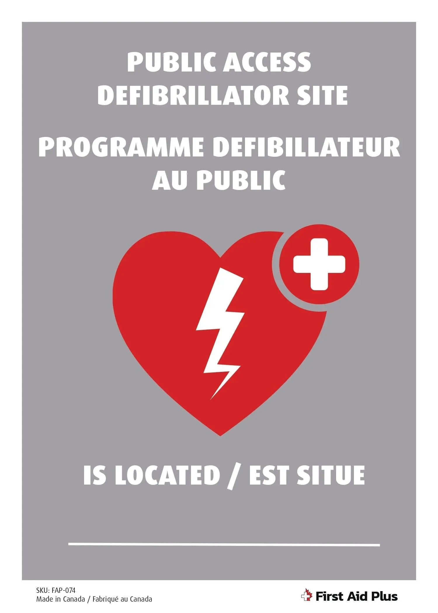 Public Access Defibrillator Site Sign, AED Location Sign, Plastic, Bilingual, 14
