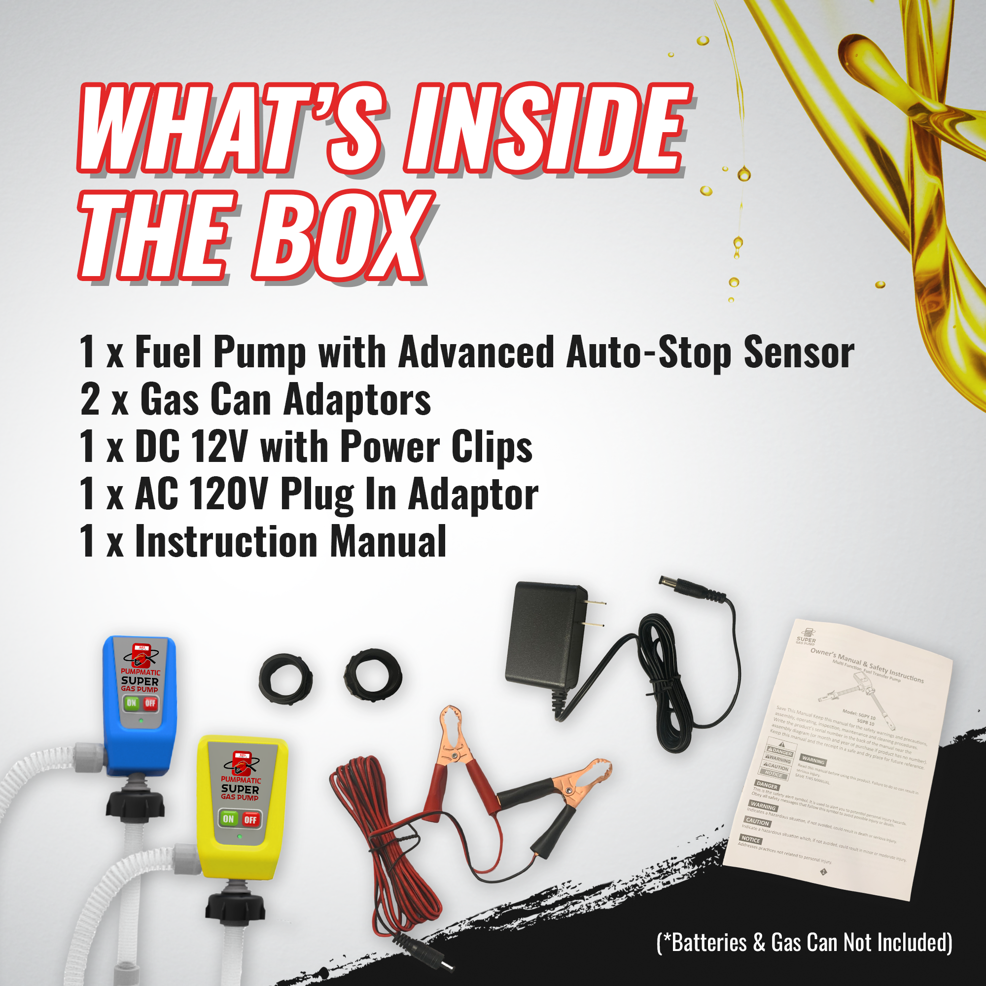 PumpMatic Super Gas Pump Fuel Transfer Pump for Gas, Diesel, Kerosene + 3 Power Sources w/ 4.25 Ft Hose