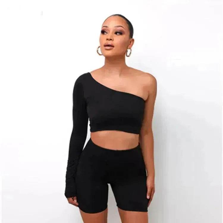 Pure Color Charming One-shoulder Sports Yoga Two-piece Fashion Suit Fitness Workout Gym wear for Women