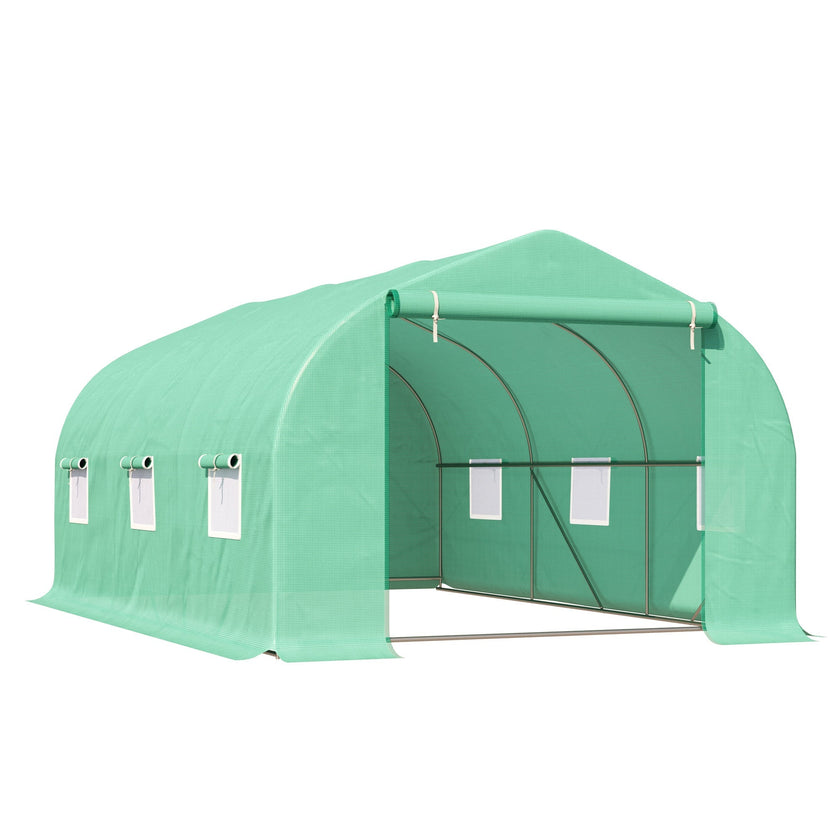 Outsunny 15' x 10' x 7' Walk-in Greenhouse Outdoor Plant Tunnel Warm Hot House w/ Roll Up Door and 6 Mesh Windows, Steel Frame, Green