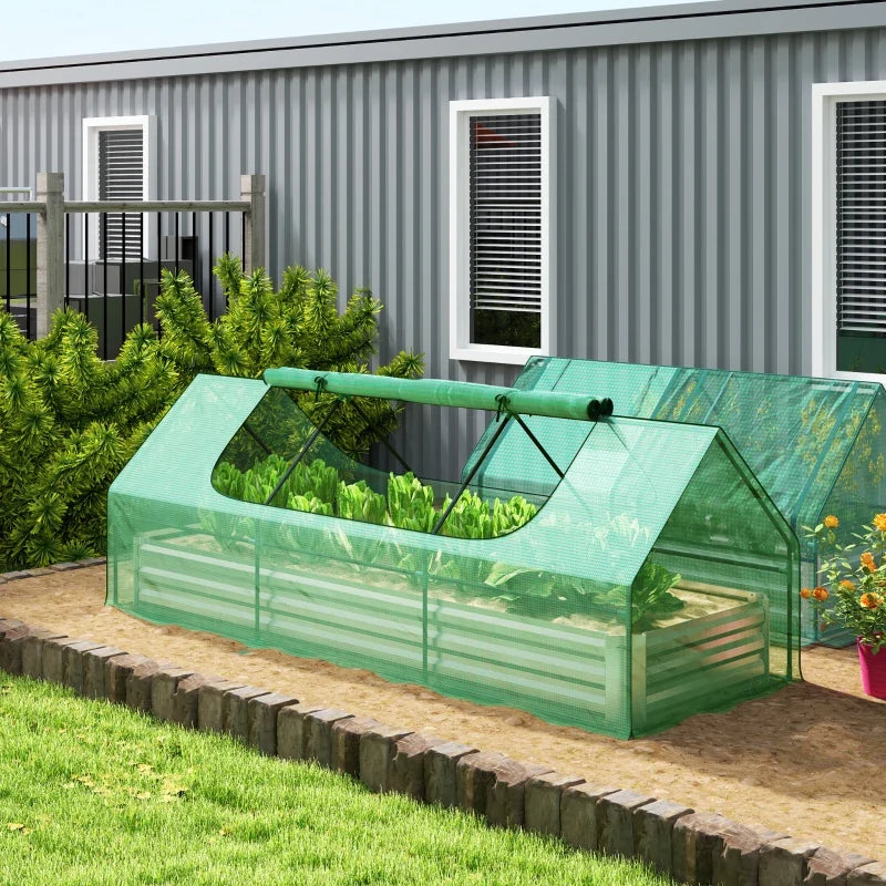 8.6 x 3 x 1ft Raised Garden Bed with Mini Greenhouse, Galvanized Raised Garden Bed with Cover for Herbs and Vegetables, Small Greenhouse for Patio Garden Balcony, Green