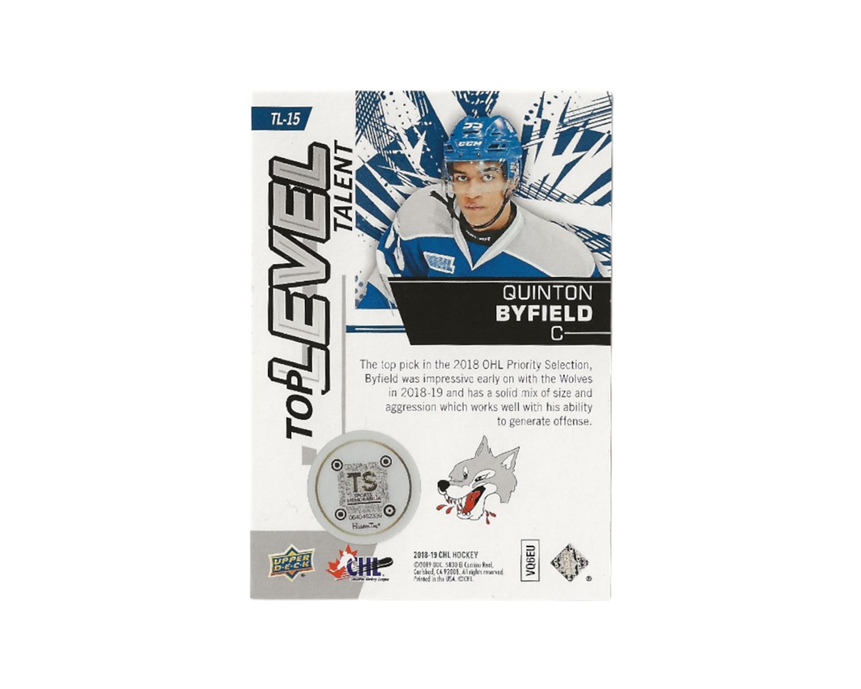 Quinton Byfield Autographed 2018-19 Upper Deck CHL Top Level Talent #TL-15 Hockey Card