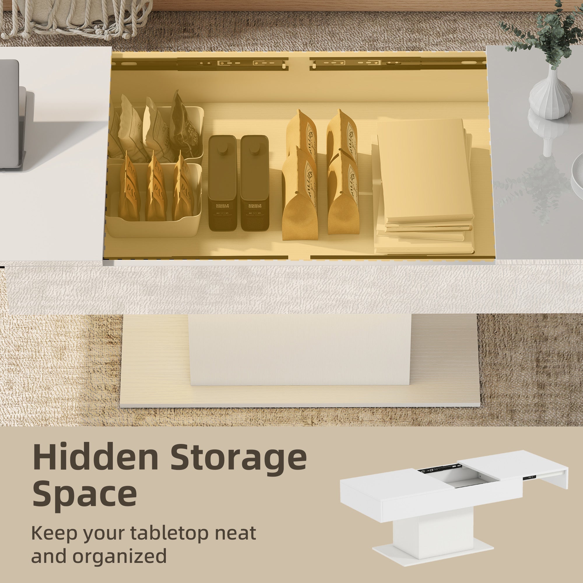 Halston Extendable Coffee Table with LED Lights and Hidden Storage-White
