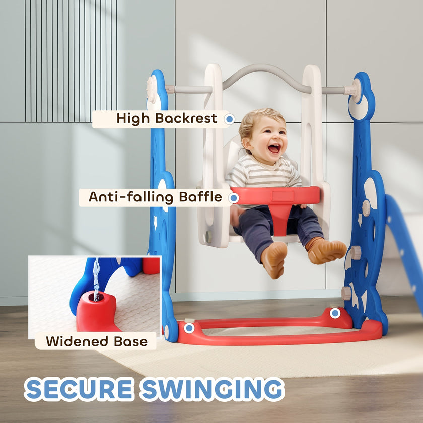 Qaba 4-in-1 Slide and Swing Set with Basketball Hoop, Climber, for Ages 1.5-4 Boys Girls Toddler, Rocket Themed, Dark Blue